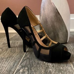 Black Mesh Design Open-Toe Heels